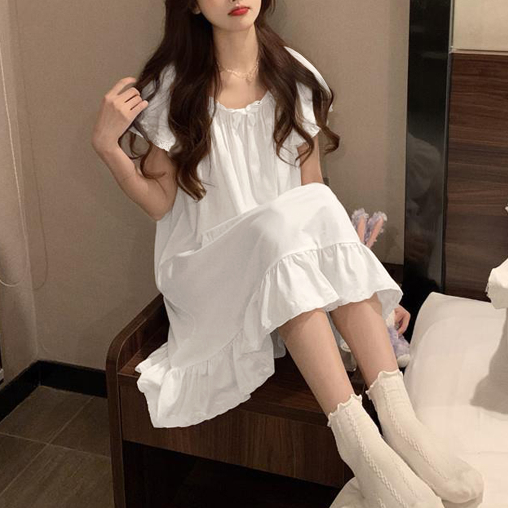 レディース ルームウェア レディース フリル付きパジャマワンピース 長袖半袖選択可