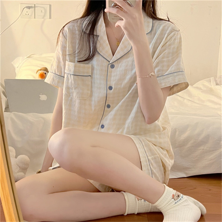 レディース ルームウェア チェック柄レース付き前開きパジャマセット