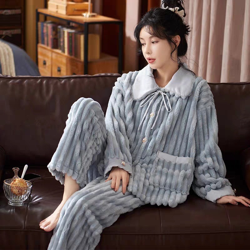 レディース ルームウェア 冬用暖かい裏起毛パジャマ上下セット珊瑚絨素材