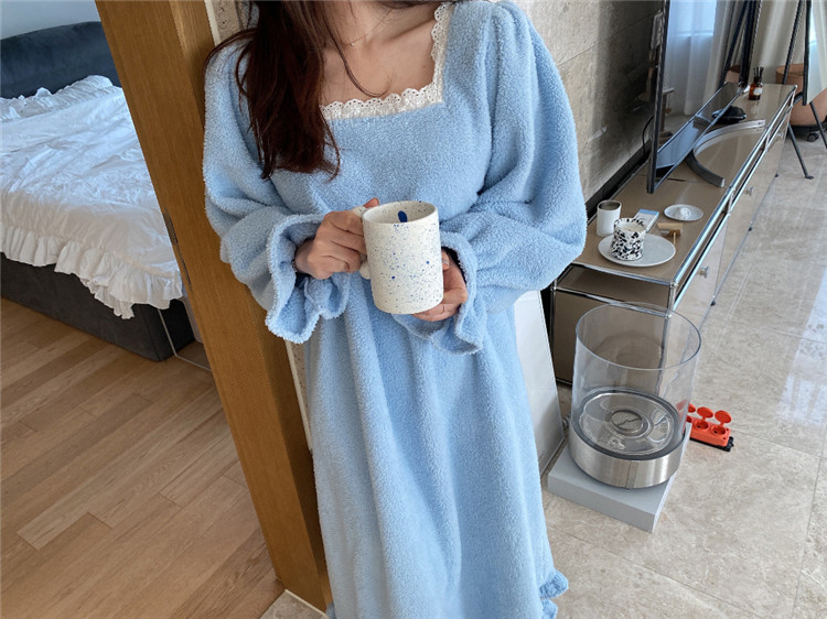 レディース ルームウェア 秋冬暖か四角ネック厚手ルームウェアワンピース