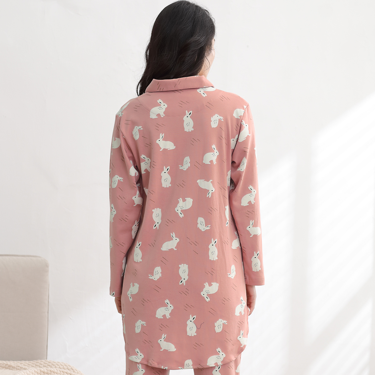 レディース ルームウェア うさぎ柄シャツワンピース 長袖パジャマ