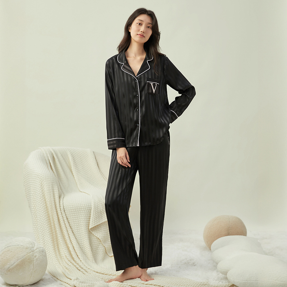 レディース ルームウェア前開きサテンストライプ襟付き長袖パジャマ上下セット