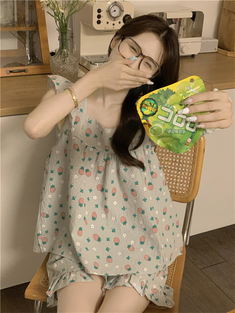 レディース ルームウェア 可愛いフリル付き花柄プリントルームウェア上下セット