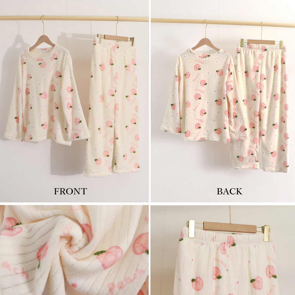 レディースルームウェアセットアップ桃柄もこもこ長袖パジャマ