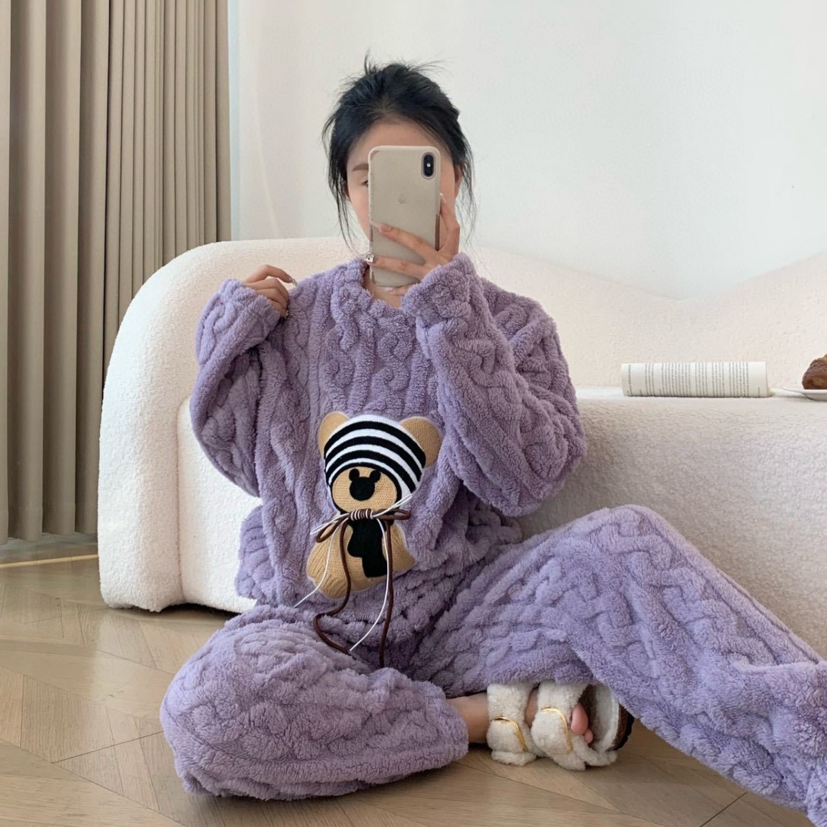 レディース ルームウェア もこもこ厚手パジャマ上下セット くま刺繍