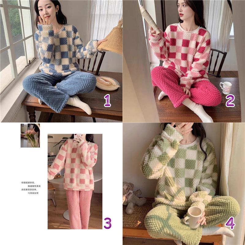 レディース ルームウェア チェック柄もこもこ厚手パジャマセットアップ4色展開