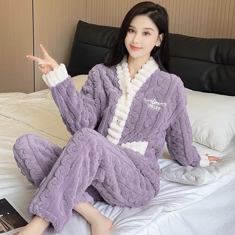 レディース ルームウェア もこもこボア素材の前開きパジャマ上下セット