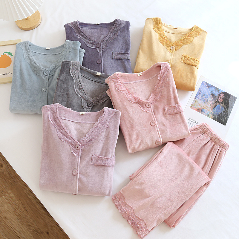 レディース ルームウェア レース襟付き長袖パジャマ上下セット