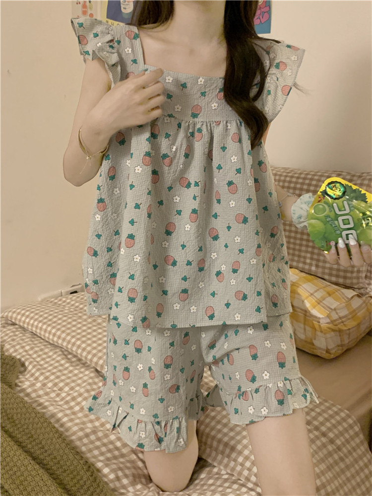 レディース ルームウェア 可愛いフリル付き花柄プリントルームウェア上下セット