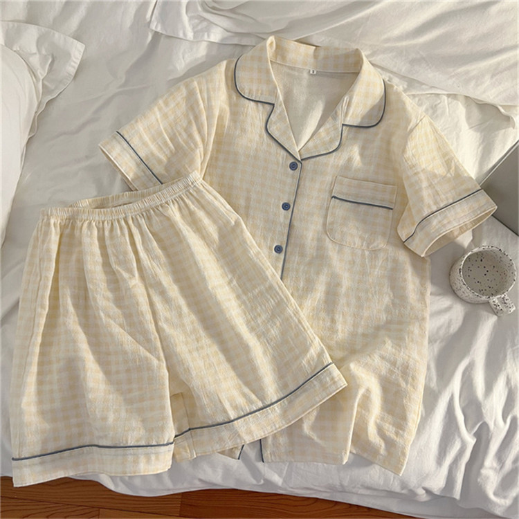 レディース ルームウェア チェック柄レース付き前開きパジャマセット