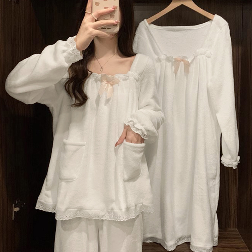 レディース ルームウェア 白いレース付き長袖パジャマ 韓国風ルームウェア