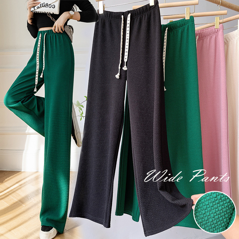 レディース ルームウェア ワッフル生地ワイドパンツ ウエストゴム紐付き