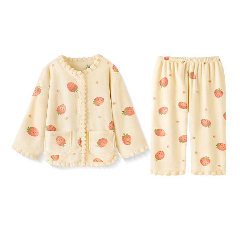 レディース ルームウェア 苺柄スカラップ縁取り前開き