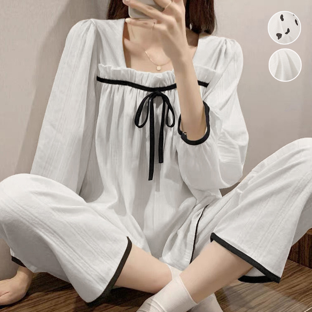 レディース ルームウェア 韓国風リボン付きフリル襟ルームウェア上下セット