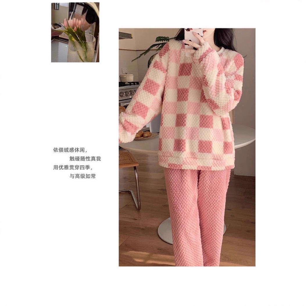 レディース ルームウェア チェック柄もこもこ厚手パジャマセットアップ4色展開