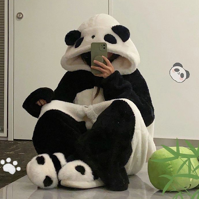 レディースルームウェア前開きパンダ着ぐるみ着る毛布