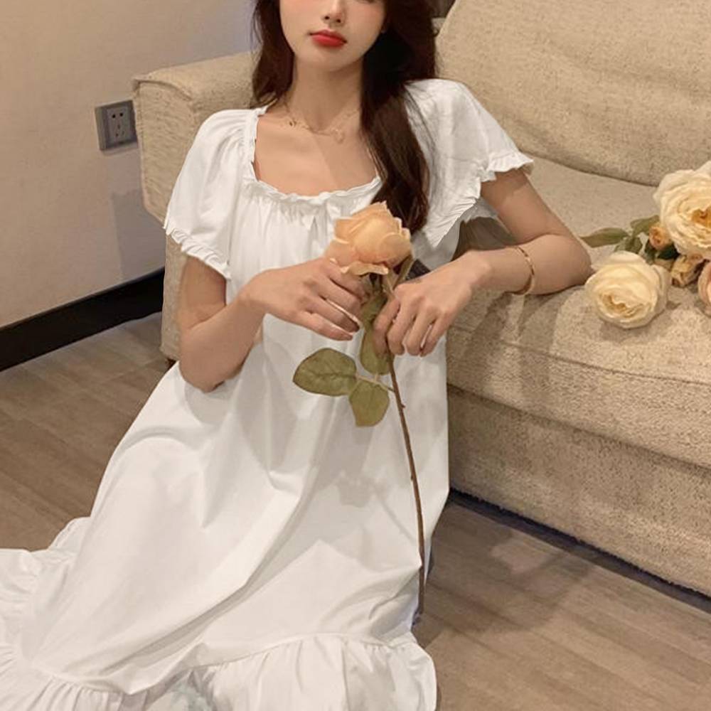 レディース ルームウェア レディース フリル付きパジャマワンピース 長袖半袖選択可