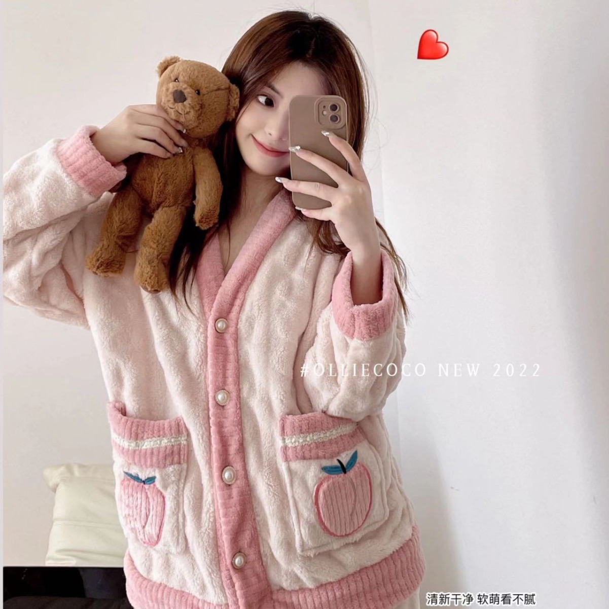 レディース ルームウェア いちご柄裏起毛パジャマ冬用暖かルームウェア