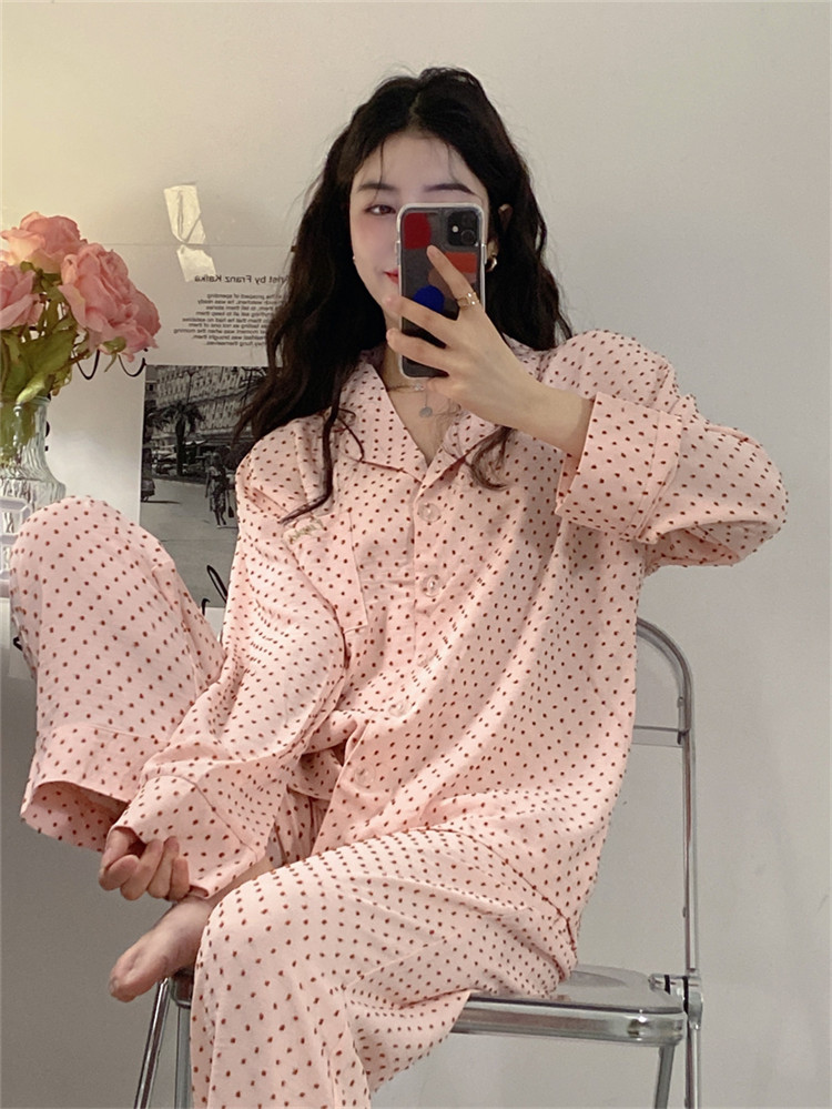 レディース ルームウェア ドット柄長袖パジャマ上下セット レディースルームウェア