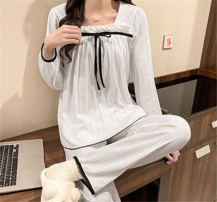 レディース ルームウェア 可愛いリボン付き長袖パジャマ上下セット