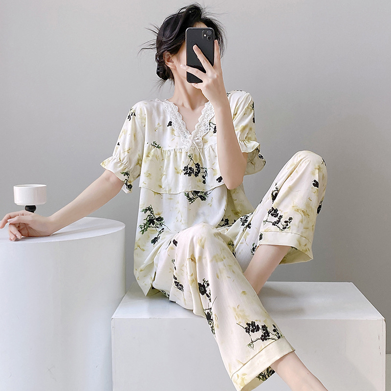 レディース ルームウェア 豹柄半袖パジャマセットアップ女性用部屋着