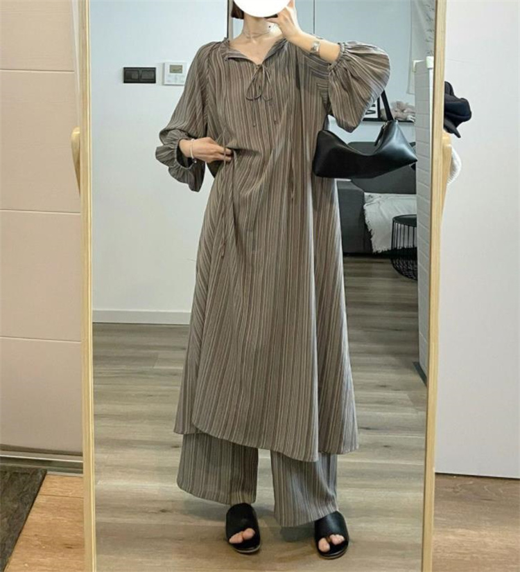 レディース ルームウェア 秋冬ストライプ長袖パジャマセット ロングワンピース