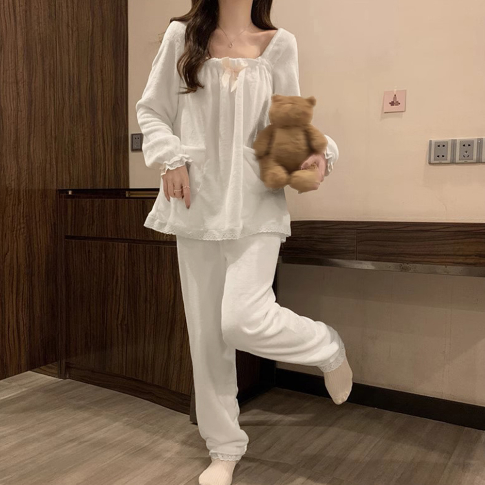 レディース ルームウェア 白いレース付き長袖パジャマ 韓国風ルームウェア