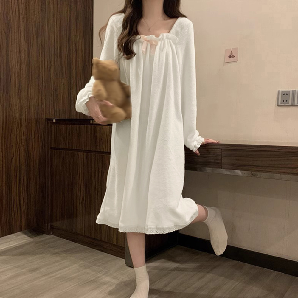 レディース ルームウェア 白いレース付き長袖パジャマ 韓国風ルームウェア