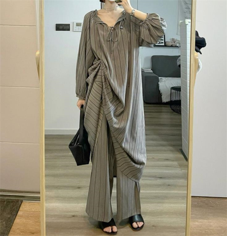 レディース ルームウェア 秋冬ストライプ長袖パジャマセット ロングワンピース