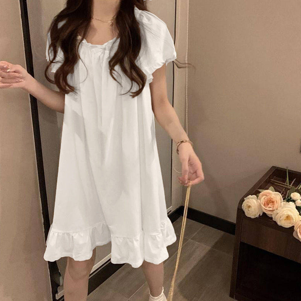 レディース ルームウェア レディース フリル付きパジャマワンピース 長袖半袖選択可