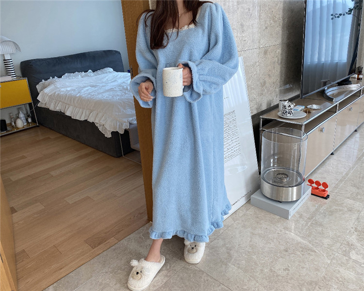 レディース ルームウェア 秋冬暖か四角ネック厚手ルームウェアワンピース