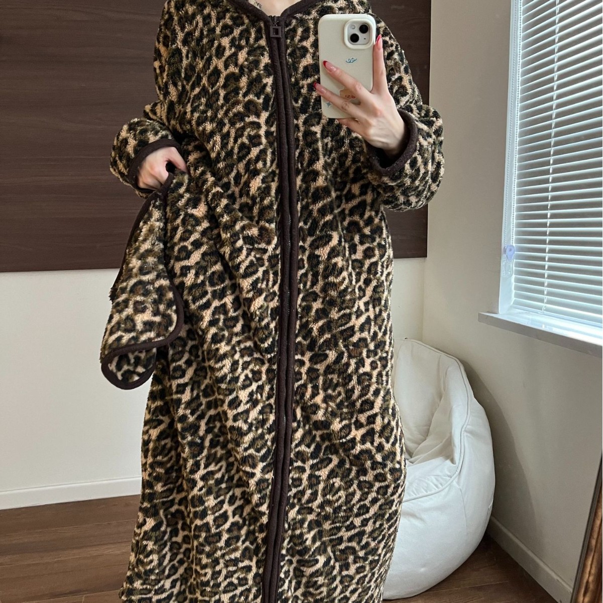 レディース ルームウェア 豹柄フード付きもこもこルームウェア