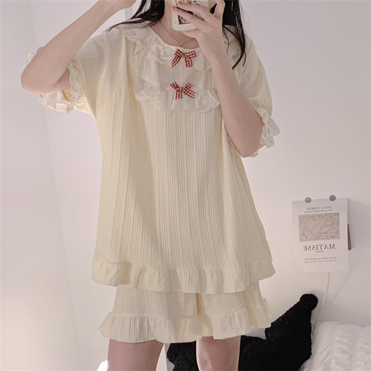 レディース ルームウェア 大きいサイズ対応 半袖パジャマワンピース 甘系リボン付き