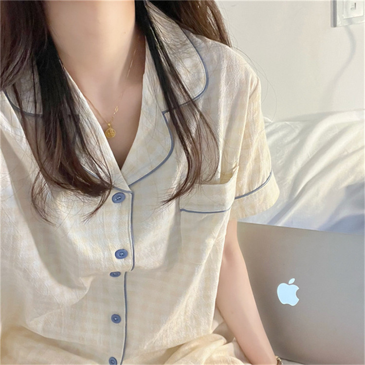 レディース ルームウェア チェック柄レース付き前開きパジャマセット