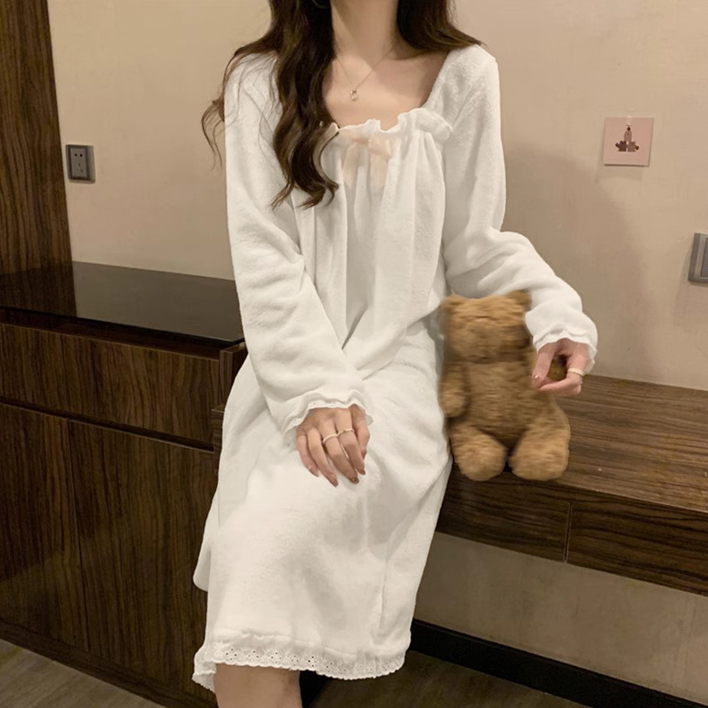 レディース ルームウェア 白いレース付き長袖パジャマ 韓国風ルームウェア