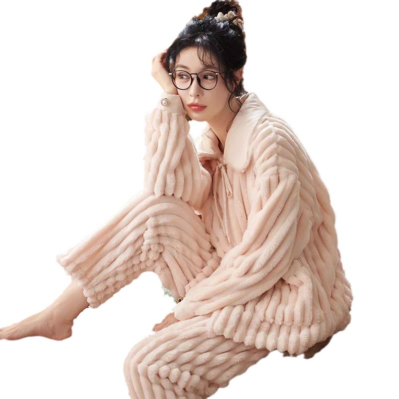 レディース ルームウェア 冬用暖かい裏起毛パジャマ上下セット珊瑚絨素材