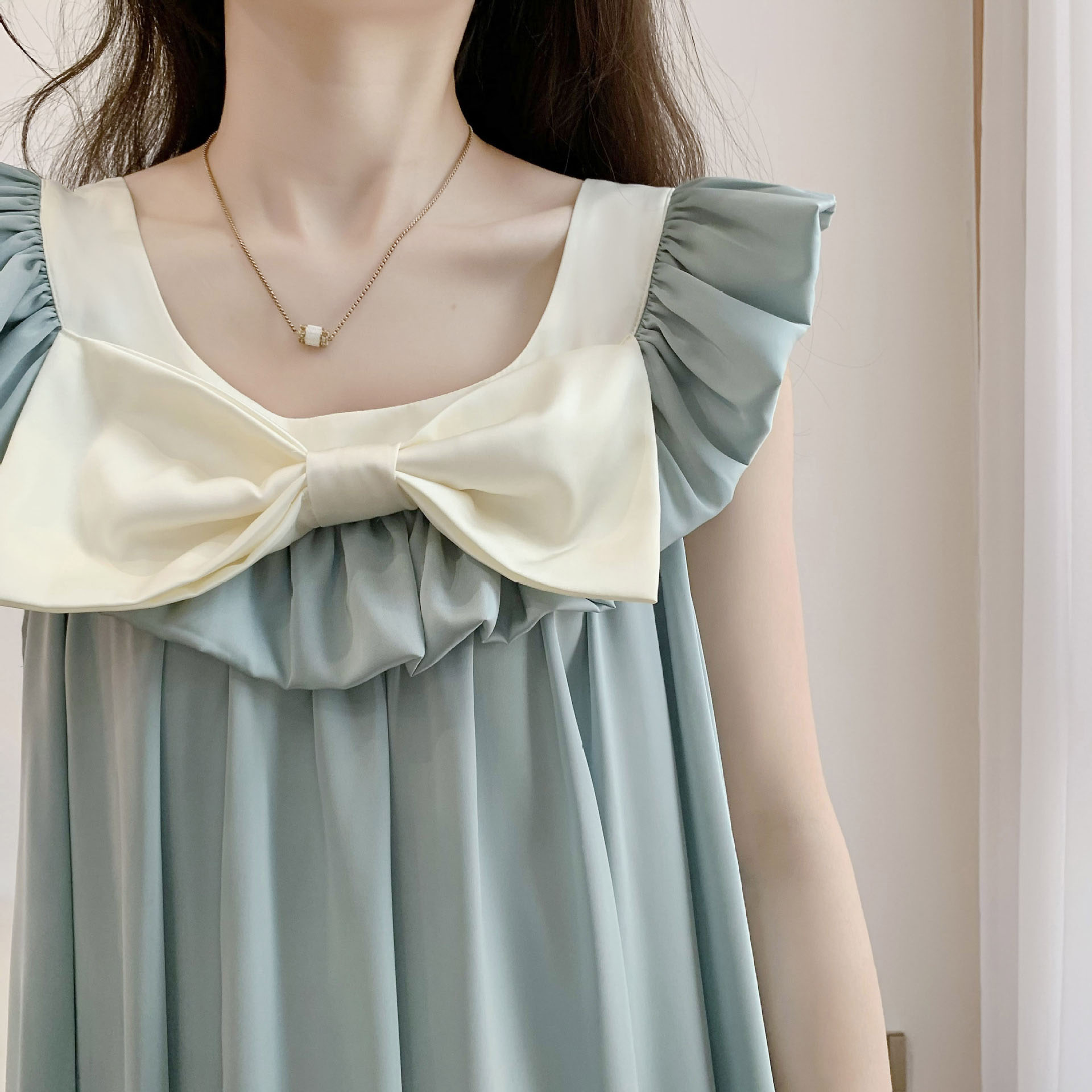 レディース ルームウェア 冷感素材ルームワンピース 大きなリボン付き部屋着