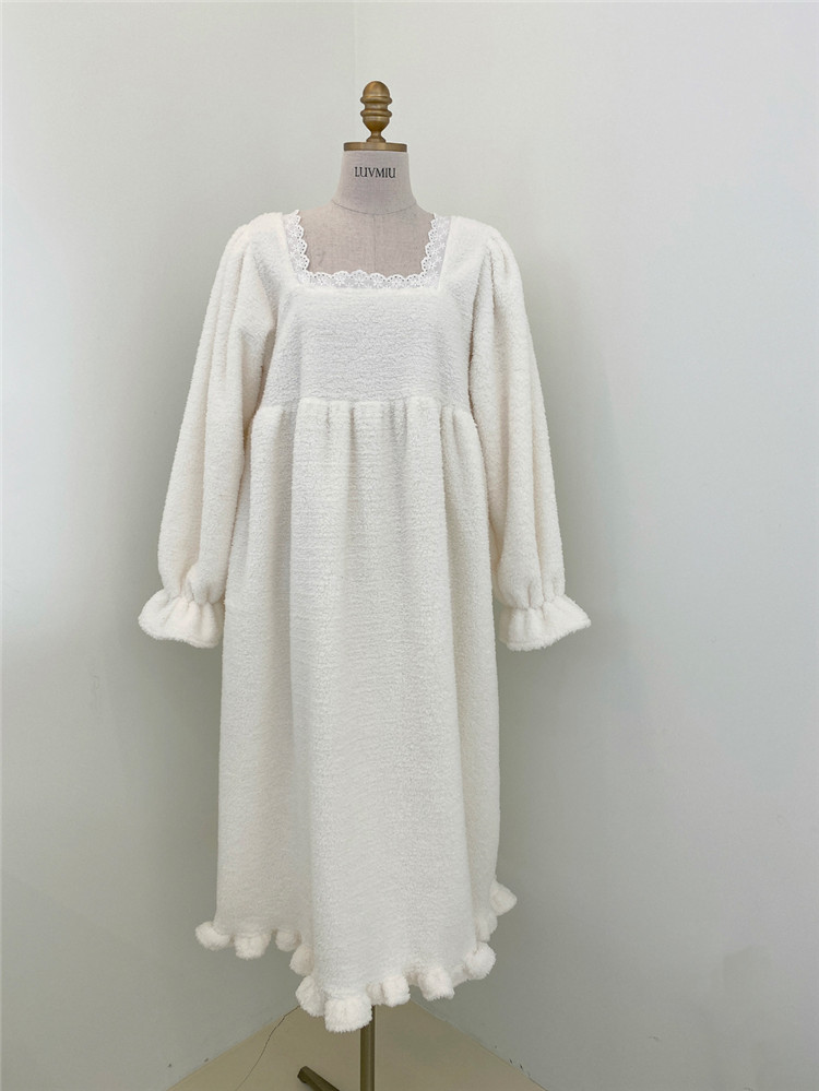 レディース ルームウェア 秋冬暖か四角ネック厚手ルームウェアワンピース