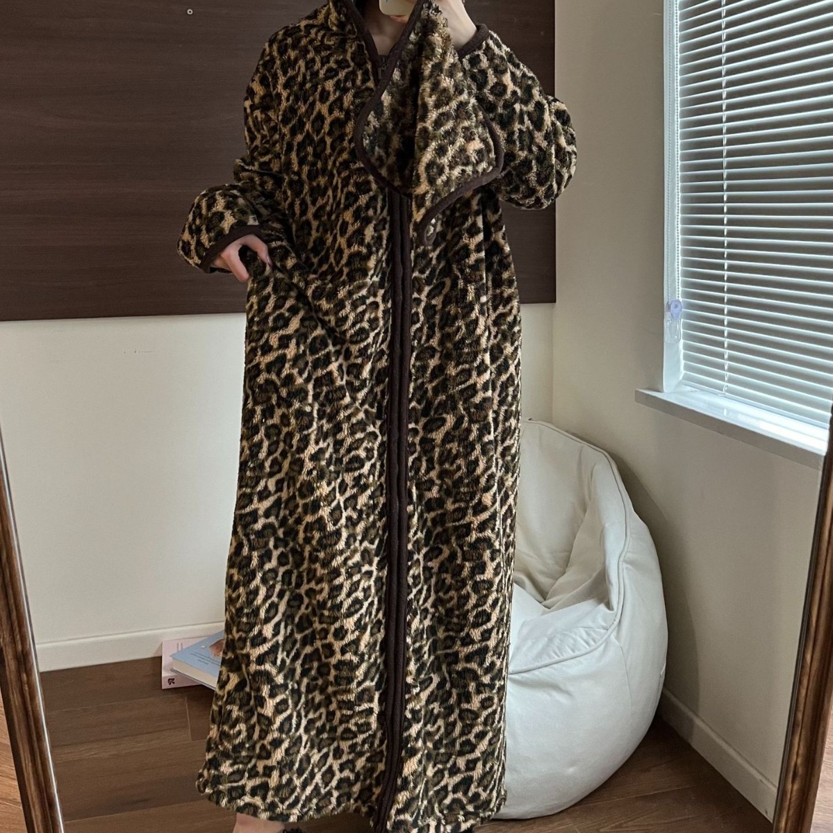 レディース ルームウェア 豹柄フード付きもこもこルームウェア