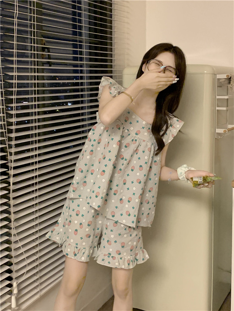 レディース ルームウェア 可愛いフリル付き花柄プリントルームウェア上下セット