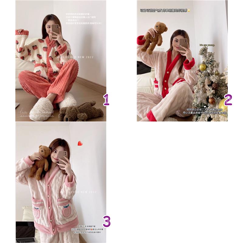 レディース ルームウェア いちご柄裏起毛パジャマ冬用暖かルームウェア