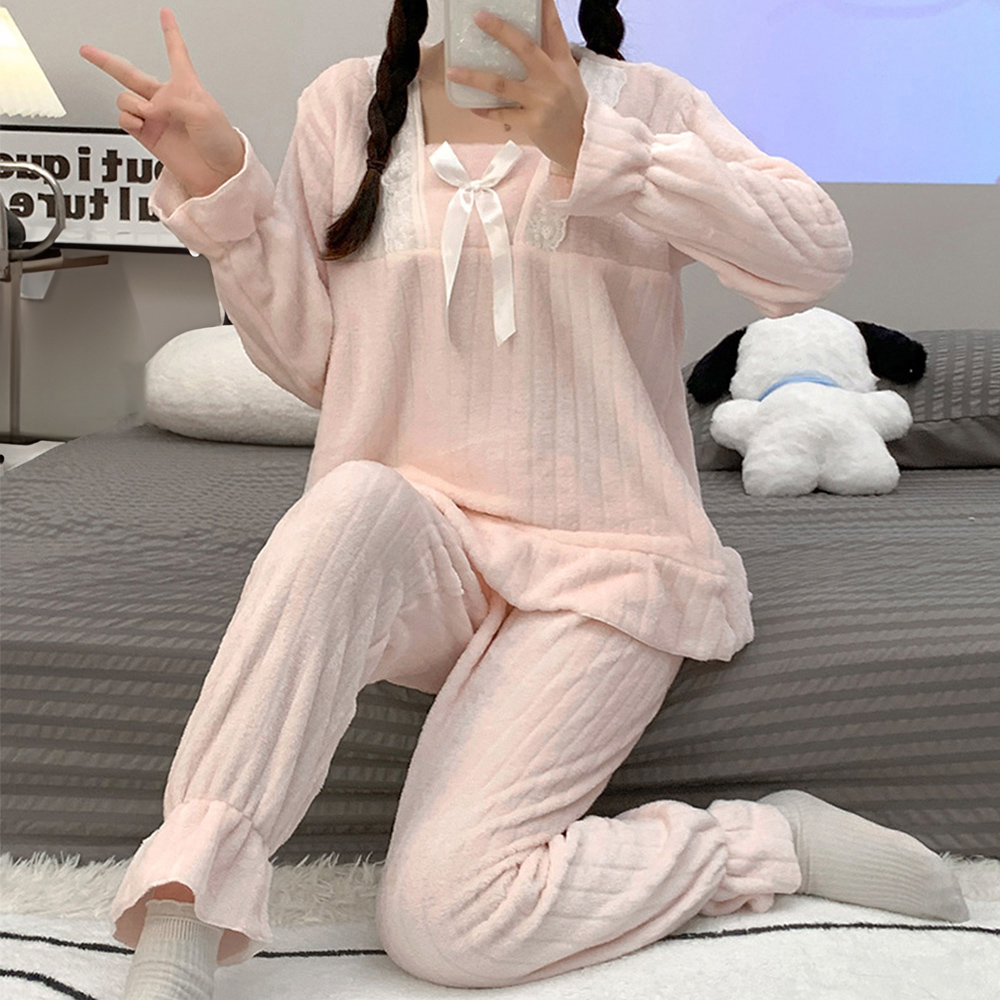 レディース ルームウェア ふわふわフリース生地パジャマ上下セット韓国風