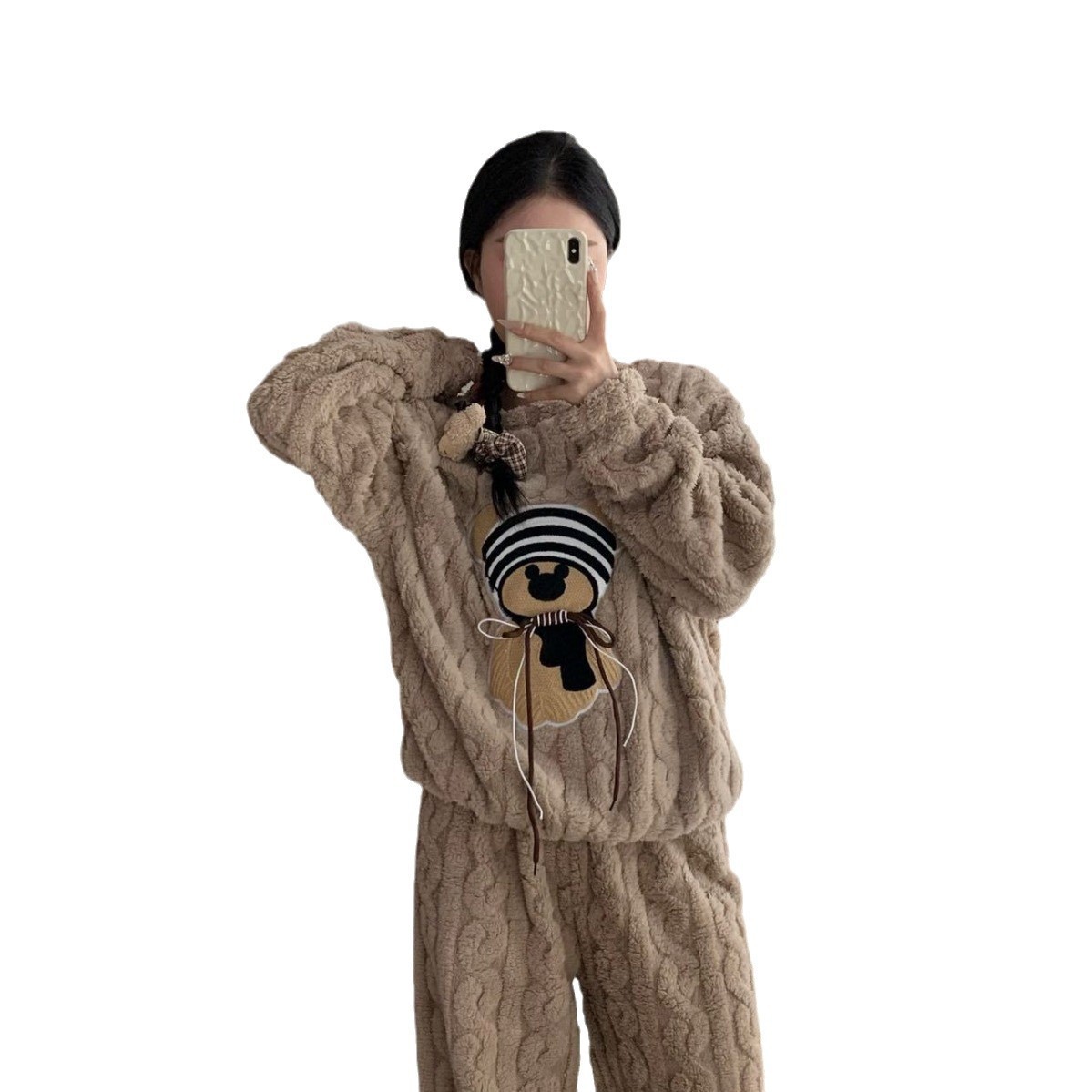 レディース ルームウェア もこもこ厚手パジャマ上下セット くま刺繍