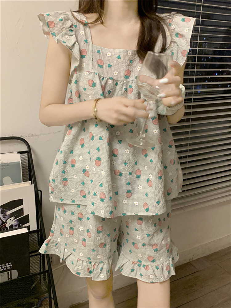 レディース ルームウェア 可愛いフリル付き花柄プリントルームウェア上下セット