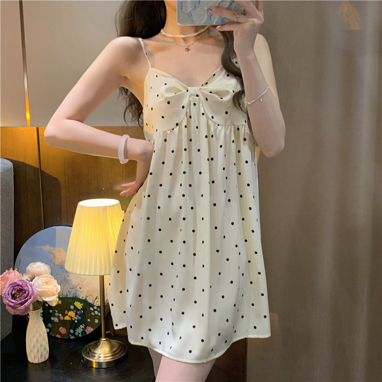 レディース ルームウェア 夏用ドット柄キャミソール型ルームワンピース