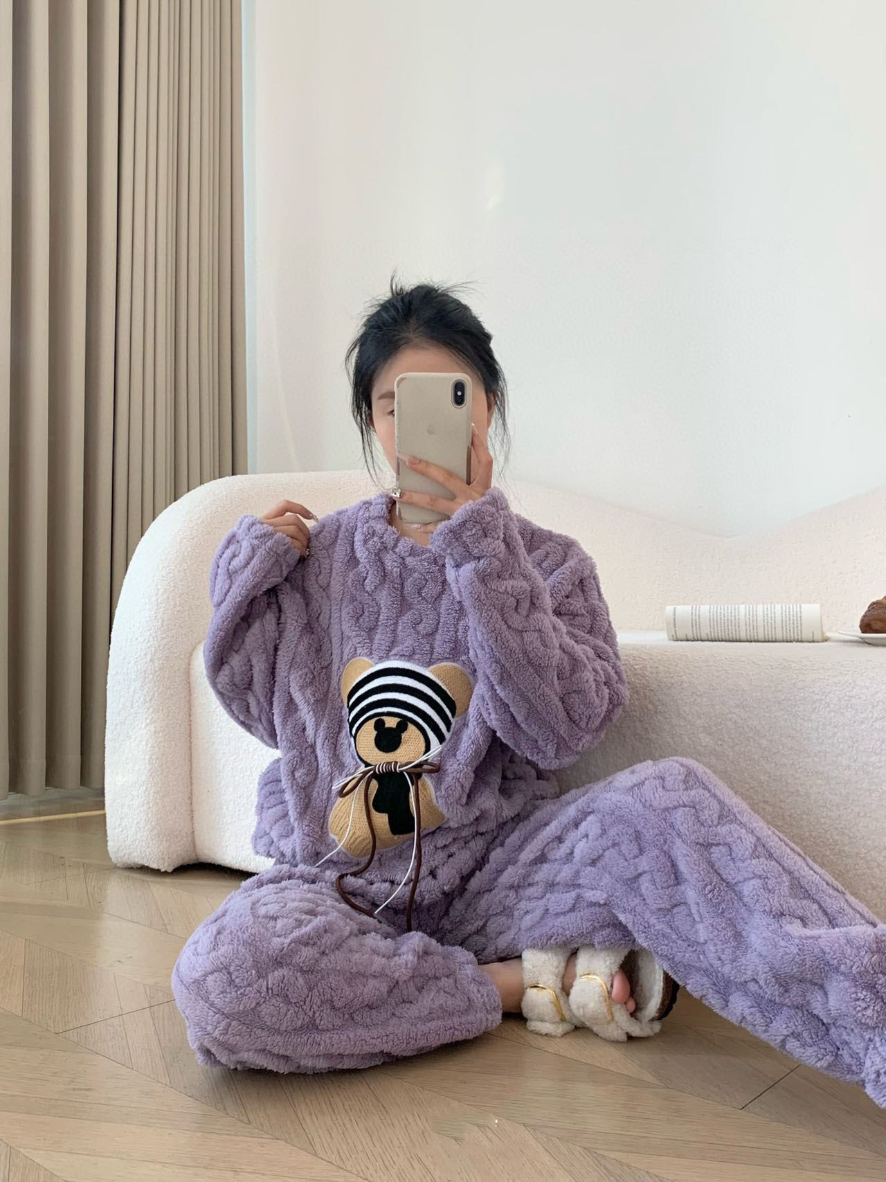 レディース ルームウェア もこもこ暖かパジャマ上下セット くま刺繍付き