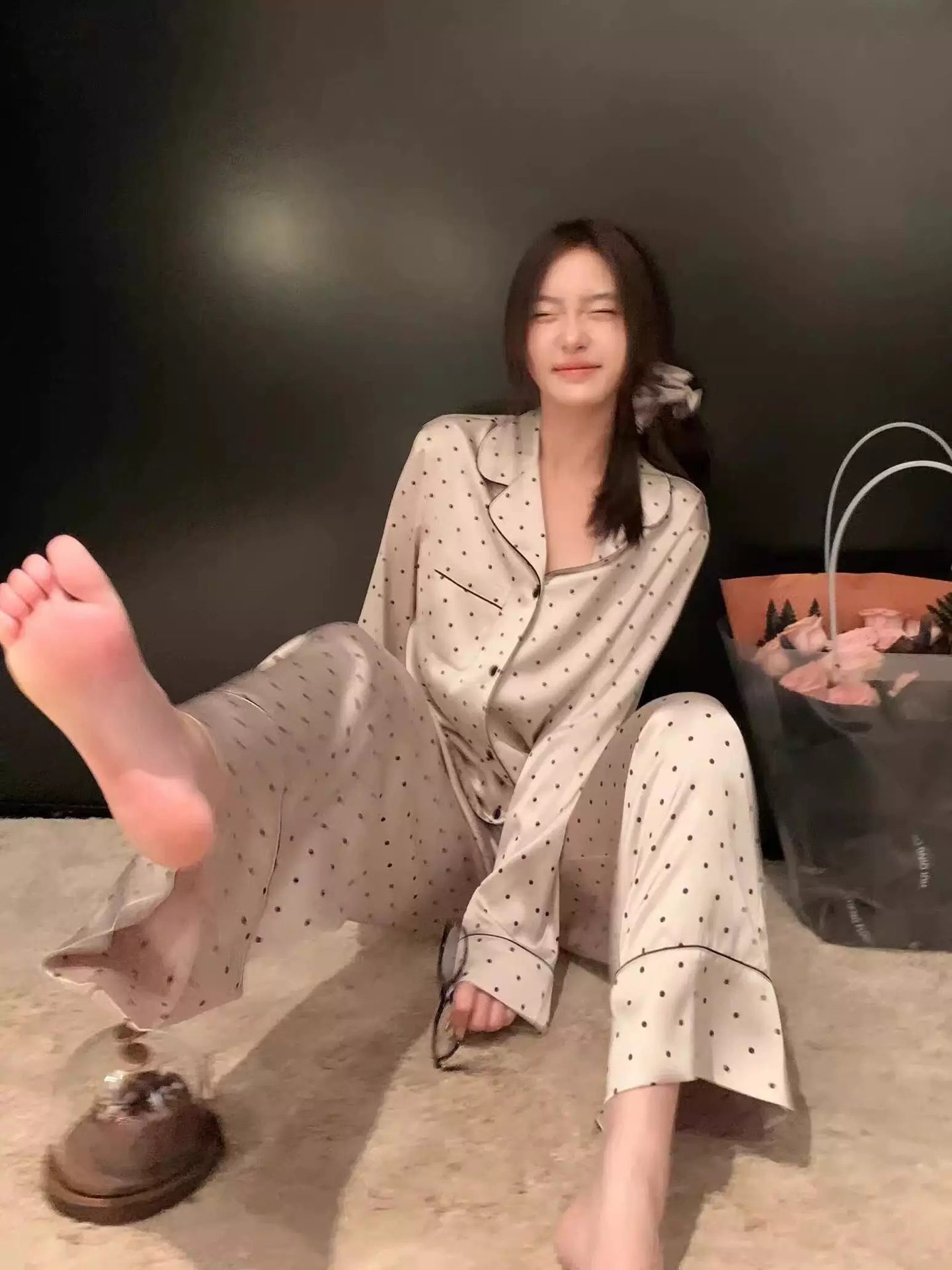 レディース ルームウェア 小粋なドット柄パイピング仕立て前開き