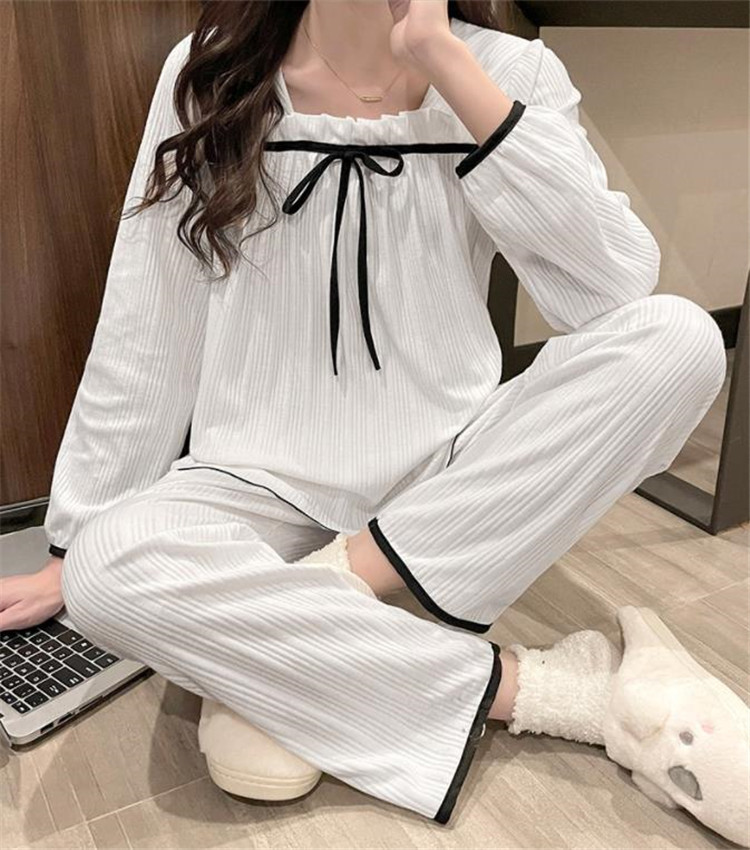 レディース ルームウェア 可愛いリボン付き長袖パジャマ上下セット