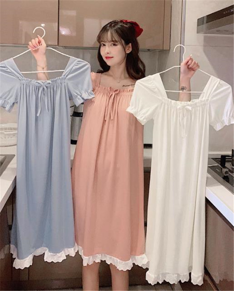 レディース ルームウェア 可愛い半袖ネグリジェ パフスリーブ レース付き 大きいサイズ対応
