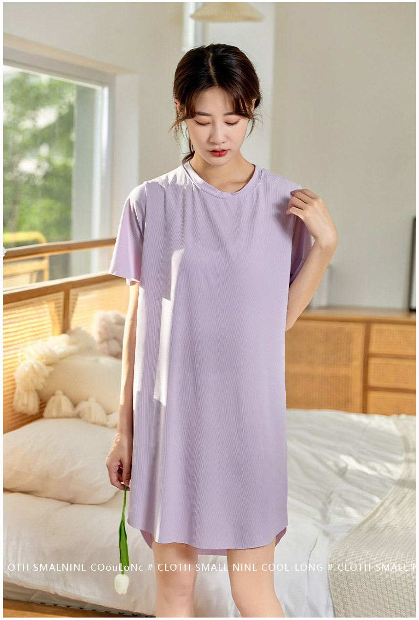 レディース ルームウェア 涼感リブ半袖ワンピース無地ルームウェア